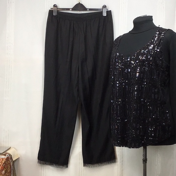 Field Manor Pants - 🖤 Field Manor Elegant Black Silk Blend Beaded Hem Pants with Pockets Sz.M